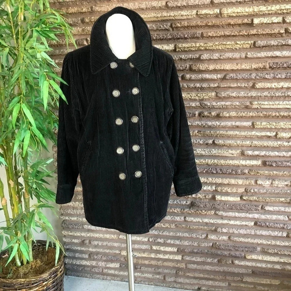 Vintage 80s 90s Black Wide Wale Corduroy Double Breasted Free People Jacket - Picture 1 of 8
